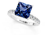 Silver Princess Cut Blue Sapphire Solitaire Ring with Round  Pavé Band and Four-Prong Setting_25