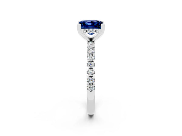 Silver Princess Cut Blue Sapphire Solitaire Ring with Round Pavé Band and Four-Prong Setting