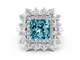 Silver Princess Cut Blue Topaz Floral Double Halo Engagement Ring with Prong Setting_150