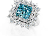 Silver Princess Cut Blue Topaz Floral Double Halo Engagement Ring with Prong Setting_151