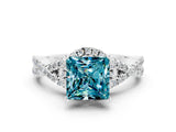 Silver Princess Cut Blue Topaz  Halo Twist Band Solitaire Prong Setting Ring_12