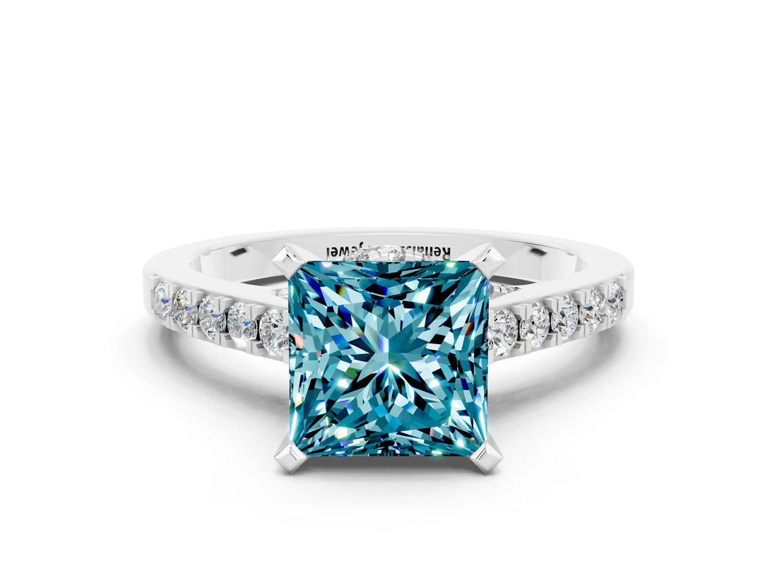Silver Princess Cut Blue Topaz Solitaire Ring with Crossover Gallery and Round  Pavé Band_48