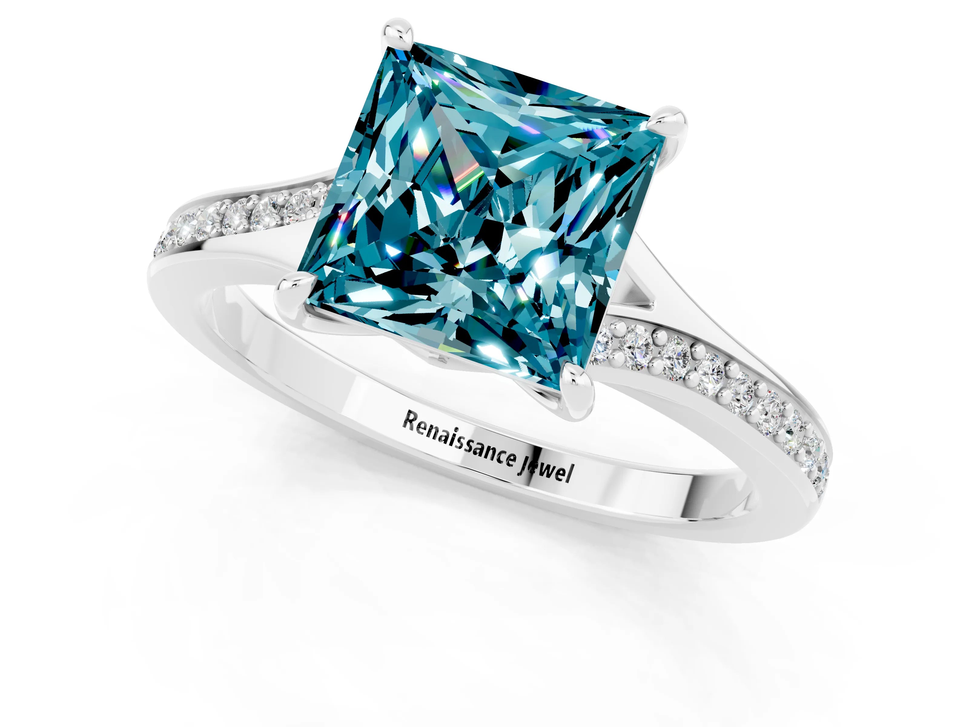 Silver Princess Cut Blue Topaz Solitaire Ring with Pavé Band and Prong Setting_13
