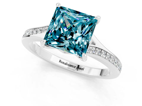 Silver Princess Cut Blue Topaz Solitaire Ring with Pavé Band and Prong Setting_13