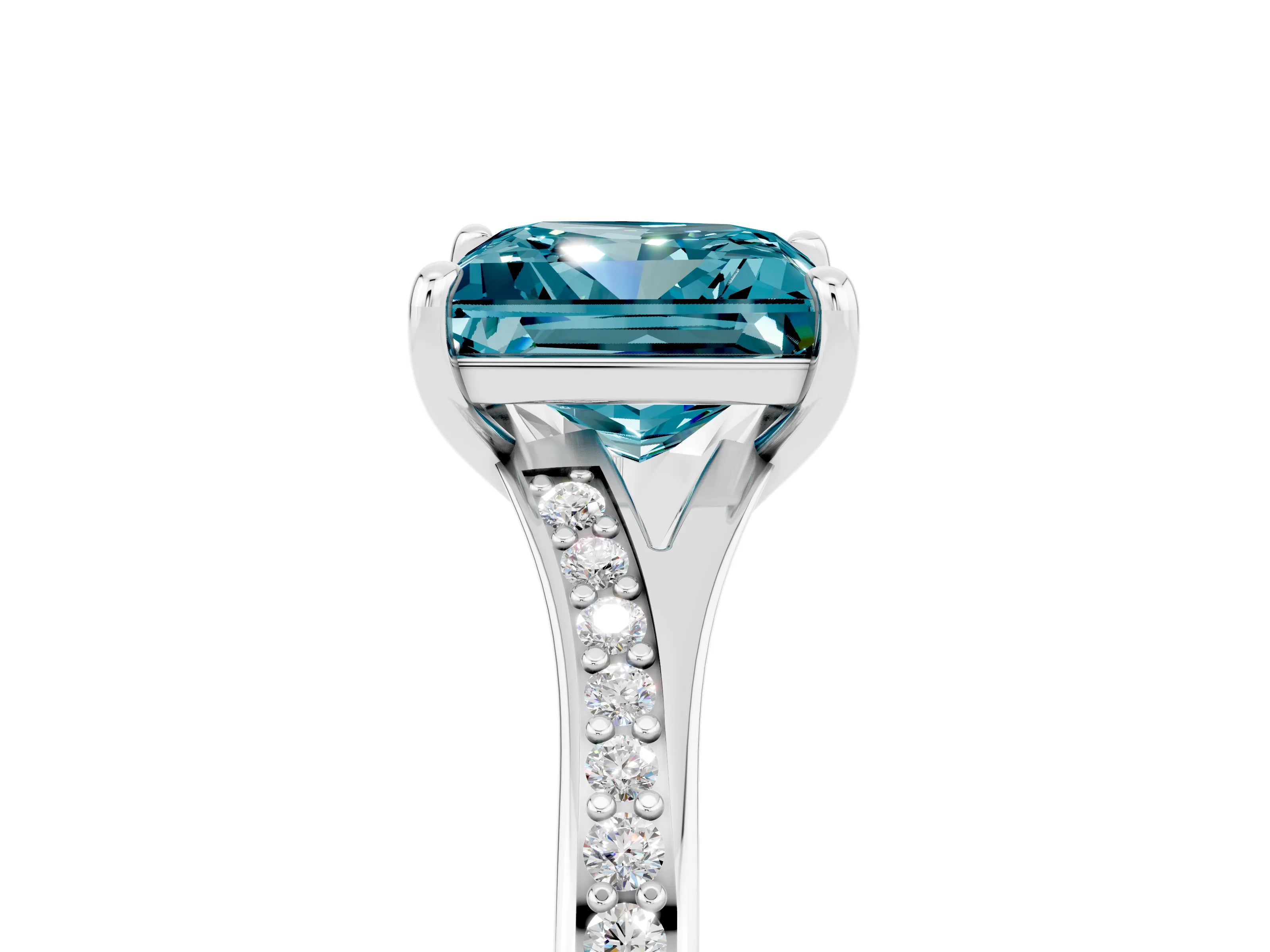 Silver Princess Cut Blue Topaz Solitaire Ring with Pavé Band and Prong Setting_17