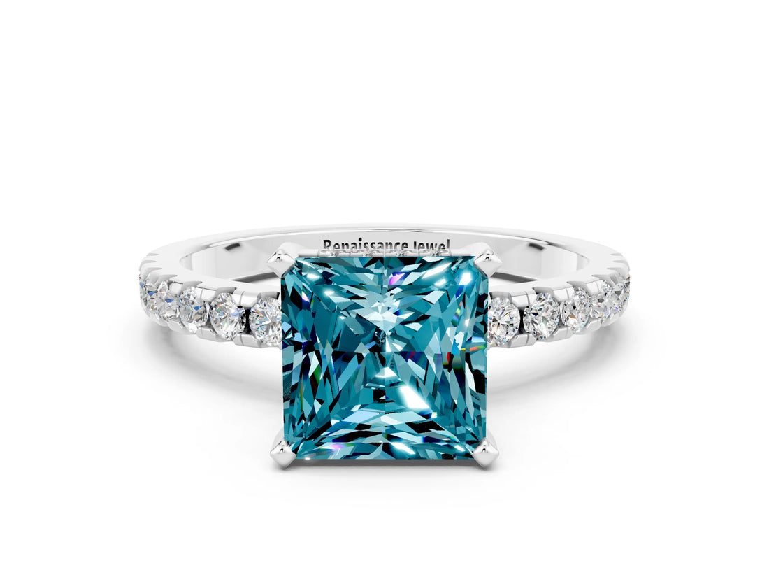 Silver Princess Cut Blue Topaz Solitaire Ring with Round  Pavé Band and Four-Prong Setting_24