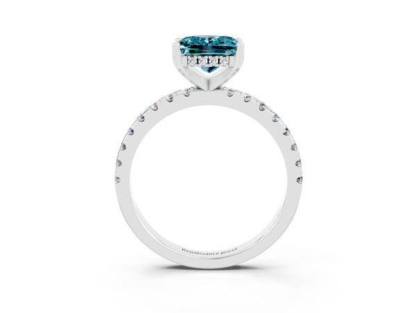 Silver Princess Cut Blue Topaz Solitaire Ring with Round Pavé Band and Four-Prong Setting