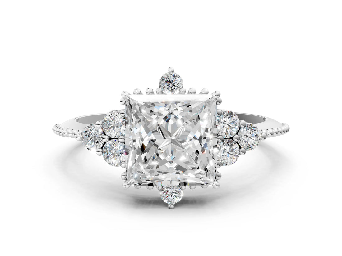 Silver Princess Cut Brilliant Diamond with Cluster Setting on a Beaded Band and Four-Prong Setting_7