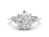 Silver Princess Cut Brilliant Diamond with Cluster Setting on a Beaded Band and Four-Prong Setting_7