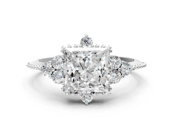 Sterling Silver Princess Cut Vintage Cluster Engagement Ring Setting with Beaded Band