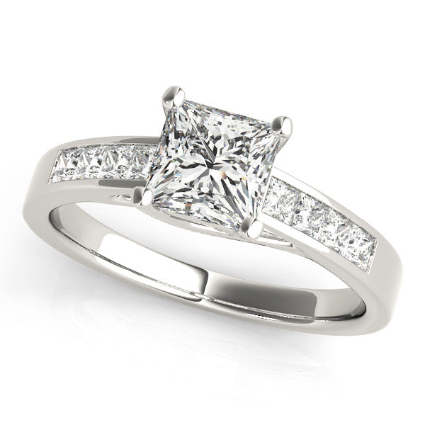 White gold Princess Diamond Engagement Ring with Channel Set Princess Side Stones and Four Prong Setting