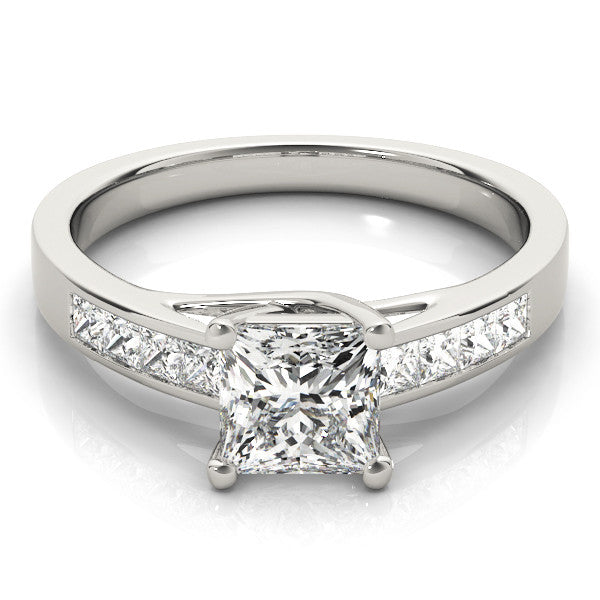Silver Princess Cut Channel Set Diamond Engagement Ring with Four-Prong Setting
