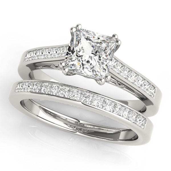Silver Princess Cut Channel Set Solitaire Engagement Ring with Prong Setting