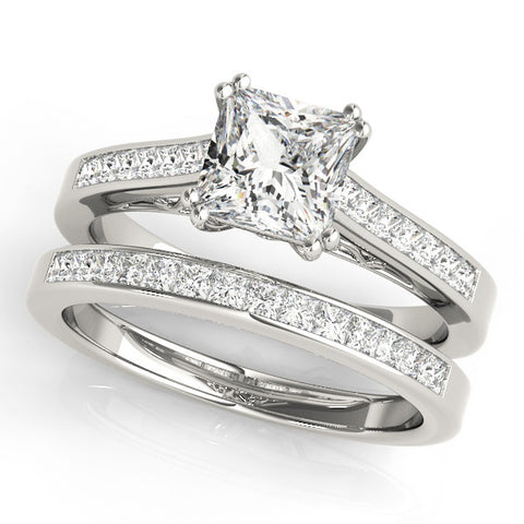 Silver Princess Cut Channel Set Solitaire Engagement Ring with Prong Setting