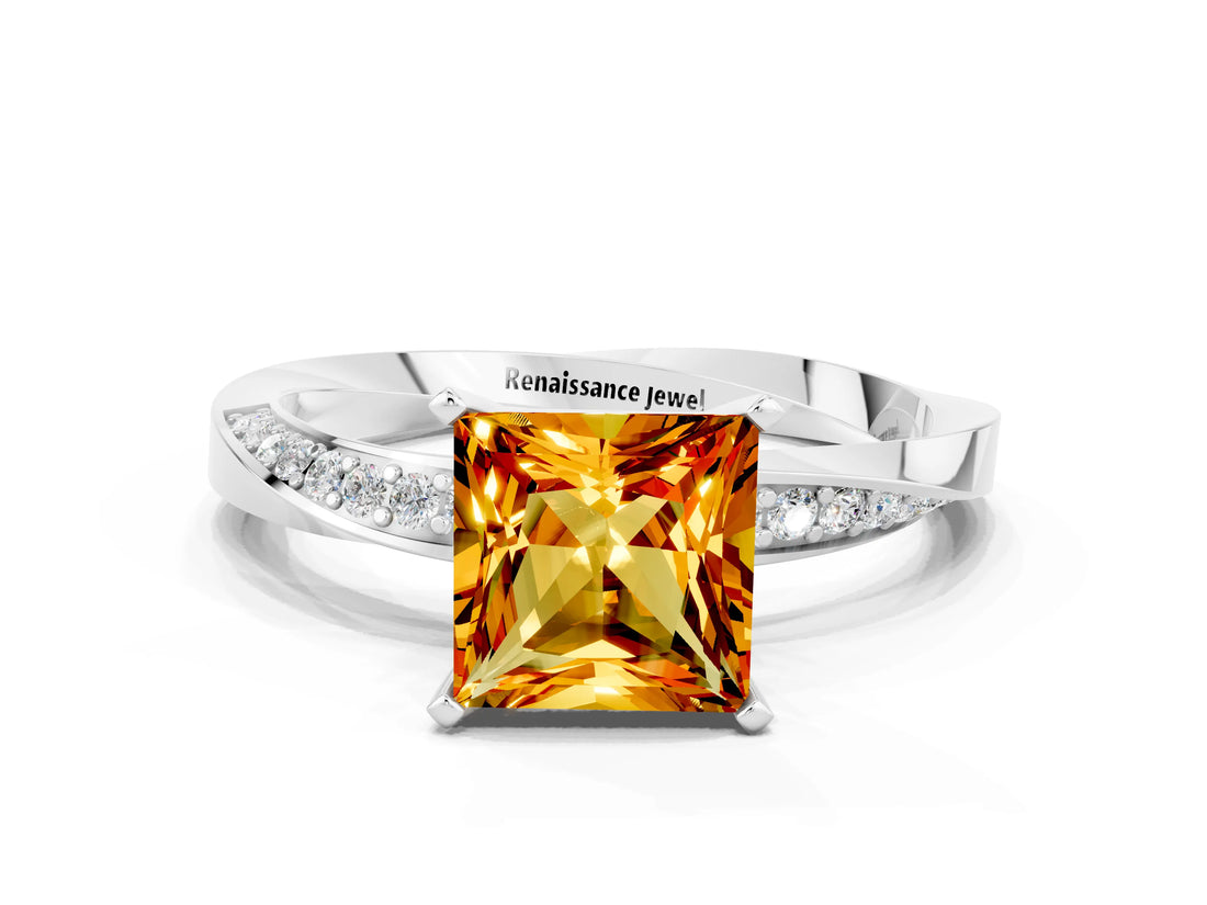 Silver Princess Cut Citrine Engagement Ring with Side Stone Accents and Four-Prong Setting_12
