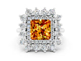 Silver Princess Cut Citrine Floral Double Halo Engagement Ring with Prong Setting_138