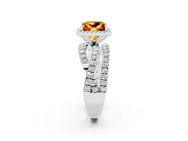 Silver Princess Cut Citrine Halo Ring with Round Split Shank and Prong Setting
