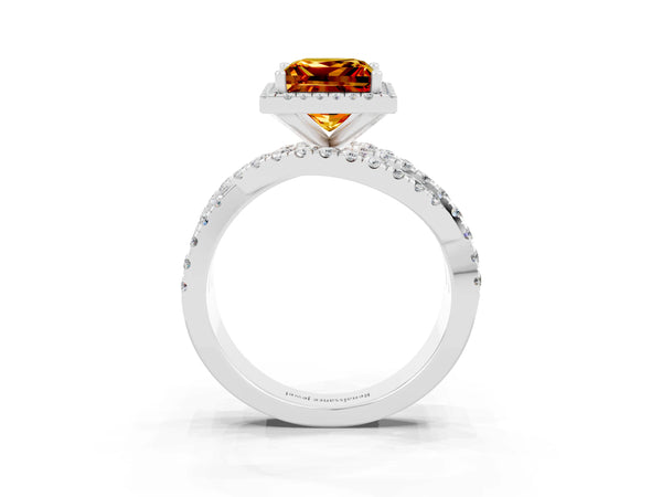 Silver Princess Cut Citrine Halo Ring with Round Split Shank and Prong Setting