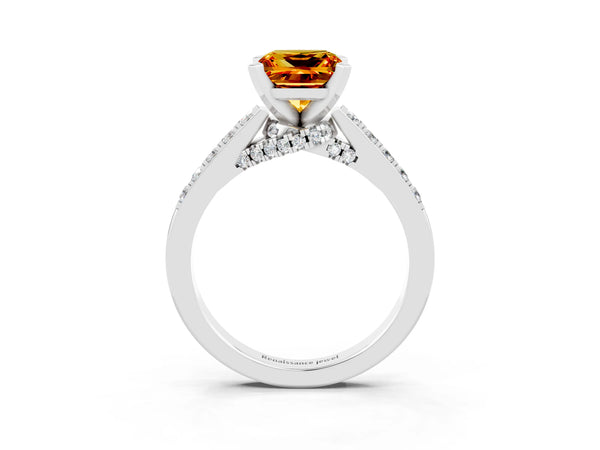 Silver Princess Cut Citrine Solitaire Ring with Crossover Gallery and Round  Pavé Band
