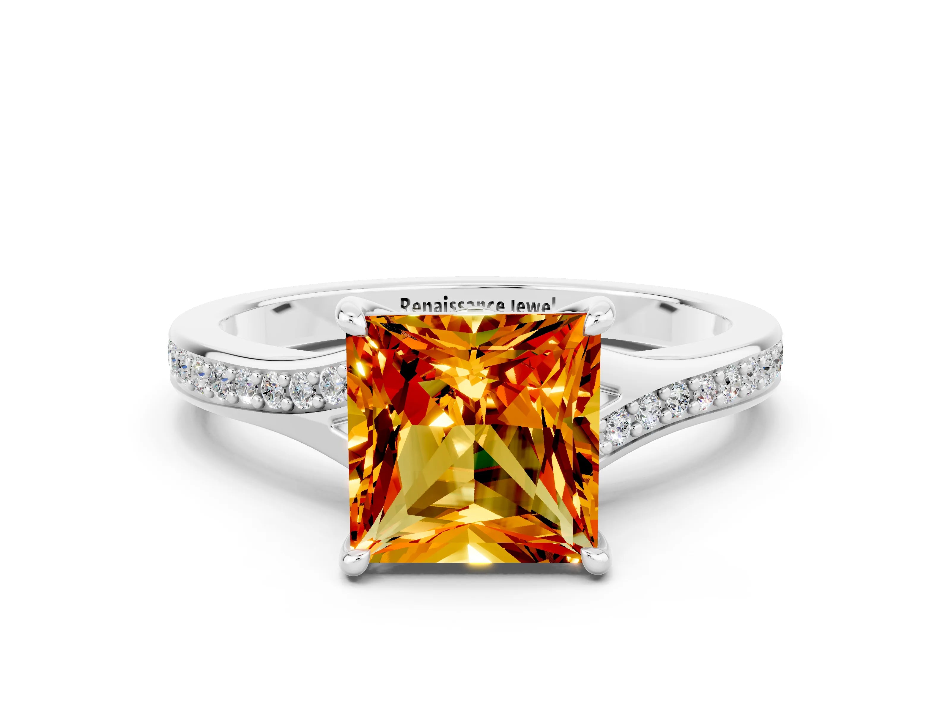 Silver Princess Cut Citrine Solitaire Ring with Pavé Band and Prong Setting_12