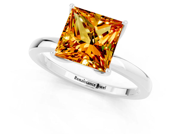 Silver Princess Cut Citrine Solitaire Ring with Thin Band and Prong Setting