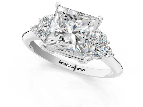 Sterling Silver Princess Cut Cluster Accent Engagement Ring Setting with Tapered Plain Band