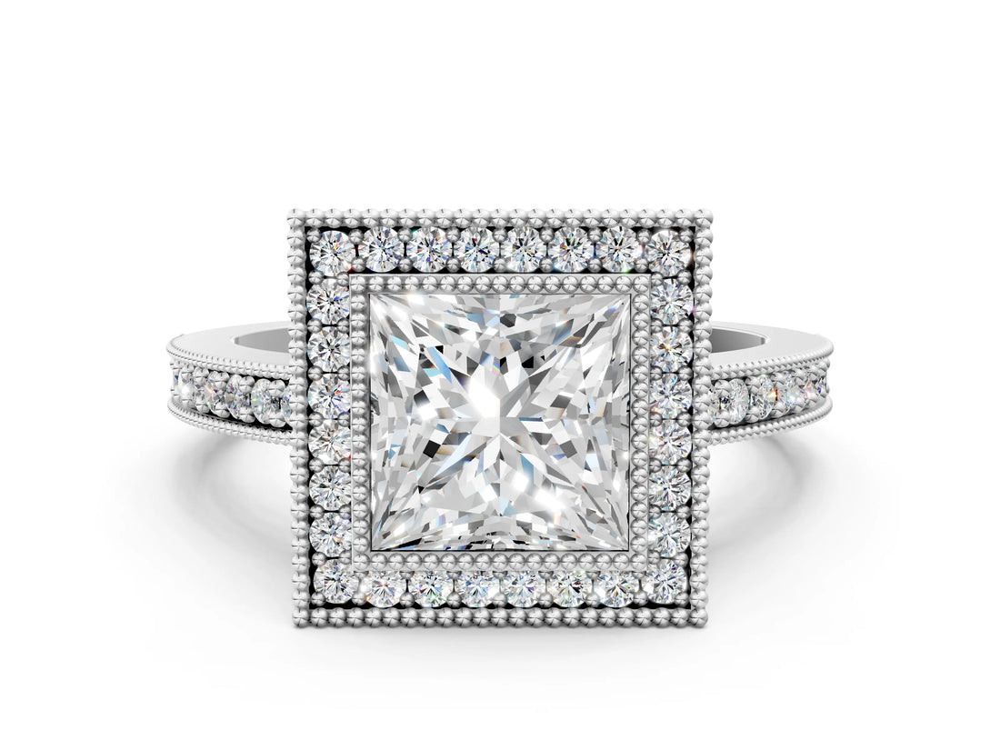 Silver Princess Cut-Cut Diamond Halo Engagement Ring with Pave Band and Prong Setting_13
