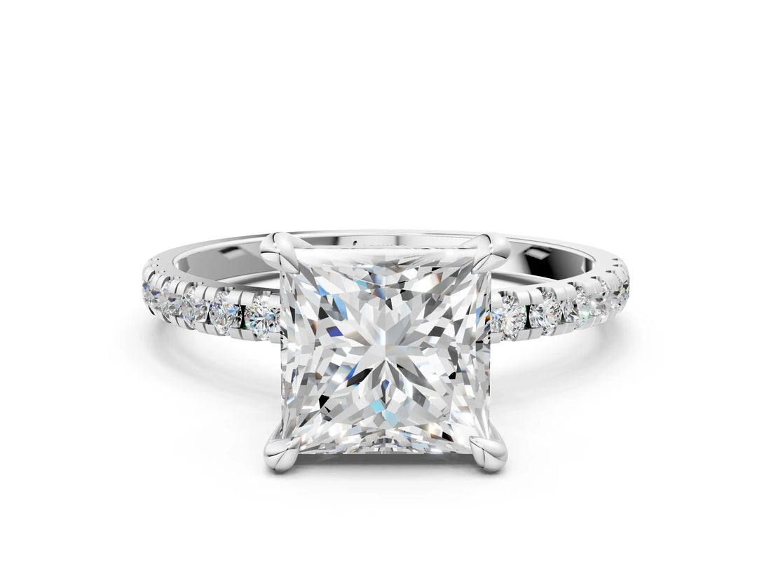Silver Princess Cut Diamond Brilliant Solitaire Ring with Pavé Band and Four-Prong Setting_17