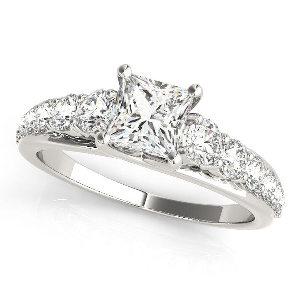 Silver Princess Cut Diamond Engagement Ring with Pavé Band and Four-Prong Setting 2
