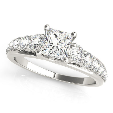 Silver Princess Cut Diamond Engagement Ring with Pavé Band and Four-Prong Setting 2