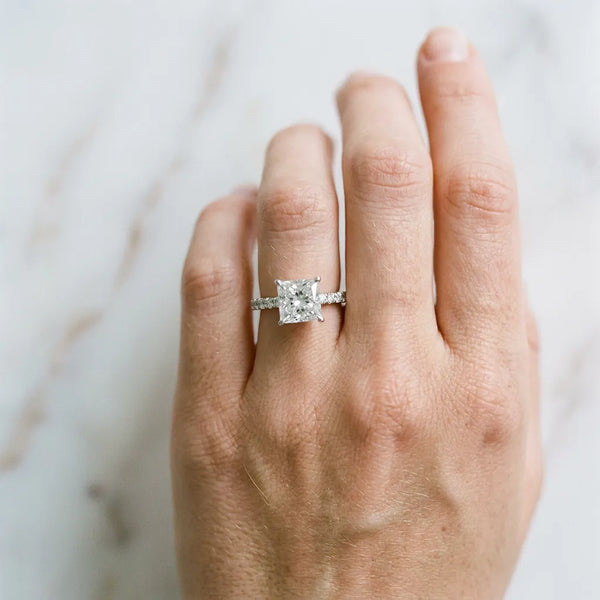 White gold Princess Cut Diamond Engagement Ring with Pavé Band and Four-Prong Setting