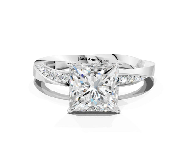Sterling Silver Princess Cut Engagement Ring Setting with Twisting Accented Ribbon Band