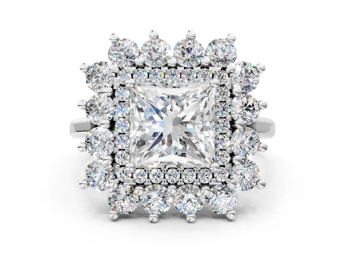 Silver Princess Cut Diamond Floral Double Halo Engagement Ring with Prong Setting_13