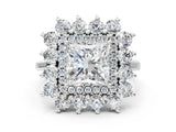 Silver Princess Cut Diamond Floral Double Halo Engagement Ring with Prong Setting_13