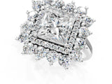 Silver Princess Cut Diamond Floral Double Halo Engagement Ring with Prong Setting_68