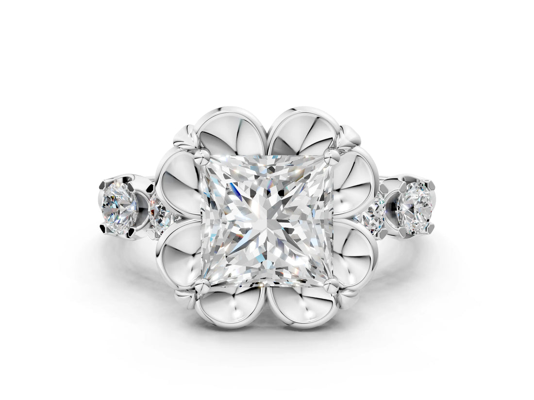 Silver Princess Cut Diamond Floral Halo Engagement Ring with Shared Prong Setting 1