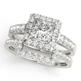 Silver Princess Cut Diamond Halo Engagement Ring with Baguette Accents and Pavé Band 1