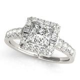 Silver Princess Cut Diamond Halo Engagement Ring with Baguette Accents and Pavé Band