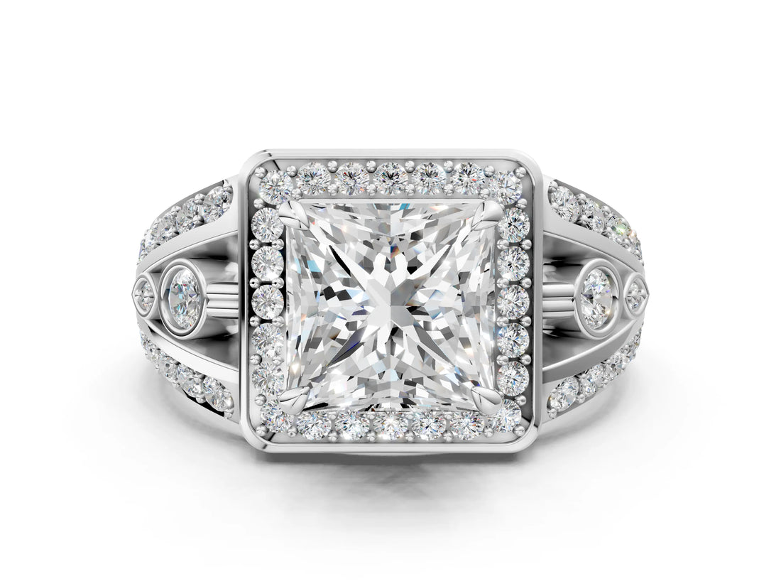 Silver Princess Cut Diamond Halo Ring with Split Shank and Bezel Accents and Four-Prong Setting_13