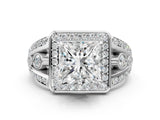 Silver Princess Cut Diamond Halo Ring with Split Shank and Bezel Accents and Four-Prong Setting_13