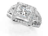 Silver Princess Cut Diamond Halo Ring with Split Shank and Bezel Accents and Four-Prong Setting_14