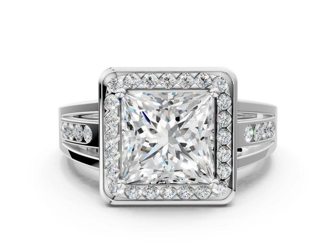 Silver Princess Cut Diamond Halo Ring with Split Shank and Bezel Accents and Prong Setting_13