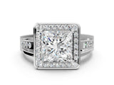 Silver Princess Cut Diamond Halo Ring with Split Shank and Bezel Accents and Prong Setting_13