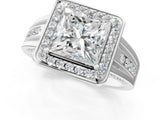 Silver Princess Cut Diamond Halo Ring with Split Shank and Bezel Accents and Prong Setting_14