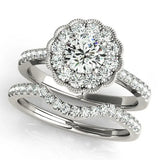 Silver Fancy Blue Princess  Cut Diamond Milgrain Floral Halo Engagement Ring with Pavé Band