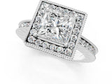 Silver Princess Cut Diamond Milgrain Halo Engagement Ring with Round Pavé Band and Prong Setting_13