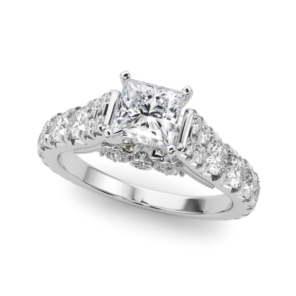 Silver Princess Cut Diamond Pavé Band Solitaire with Four-Prong Setting 2