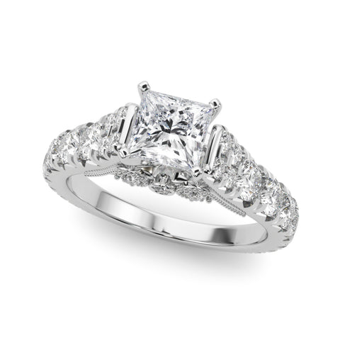 Silver Princess Cut Diamond Pavé Band Solitaire with Four-Prong Setting 2