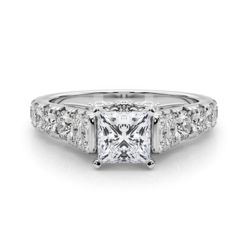 Silver Princess Cut Diamond Pavé Band Solitaire with Four-Prong Setting