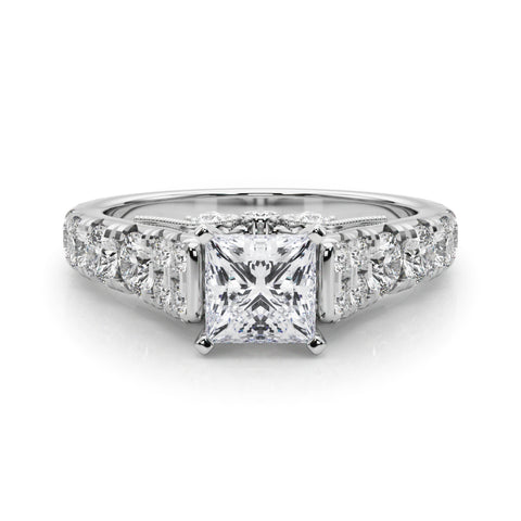 Silver Princess Cut Diamond Pavé Band Solitaire with Four-Prong Setting